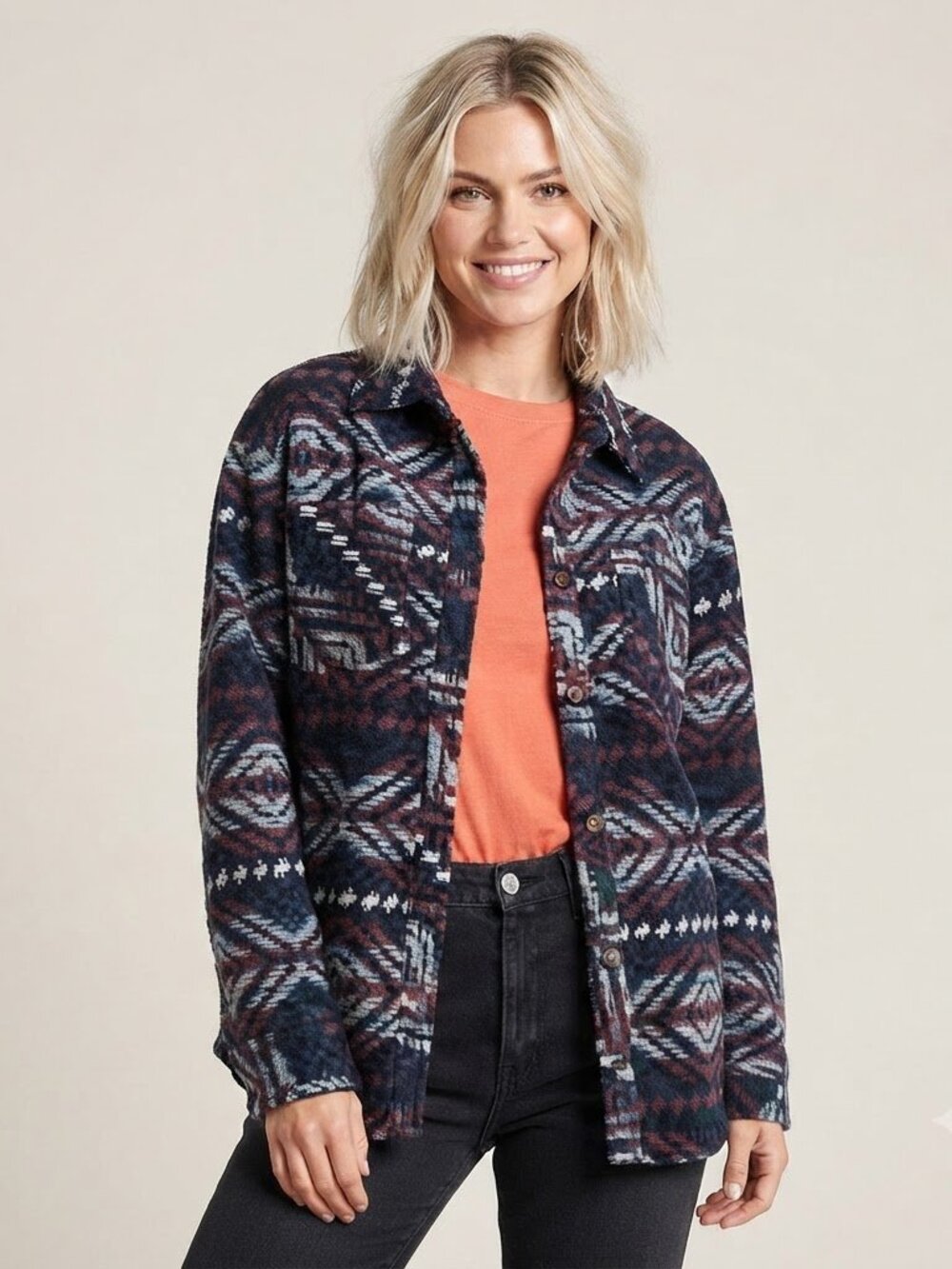 Thread & Supply Shacket Fleece Navy Blue Red Southwestern Aztec Size L